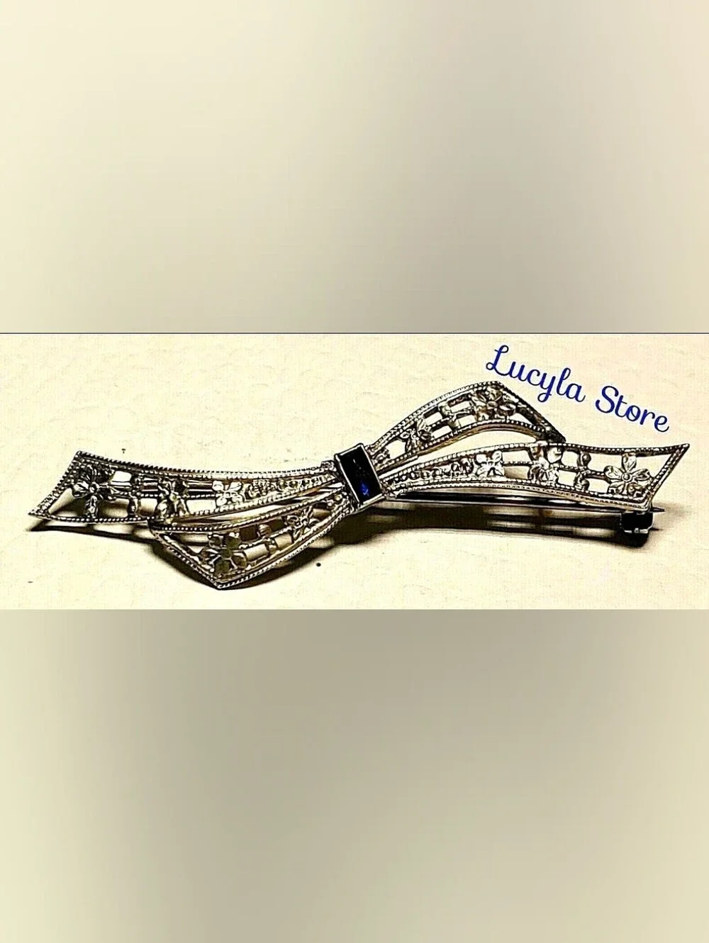 Vintage Sterling Silver 925 ART DECO Blue Rhinestone Bow Brooch /Pin hallmark